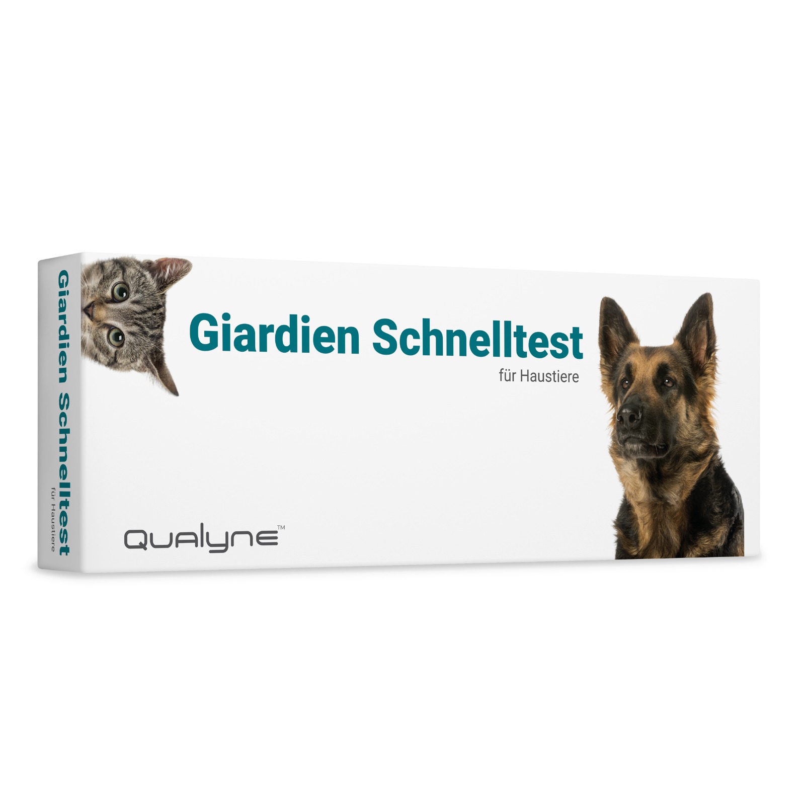 Real Qualyne Giardia Test packaging for pets, showing a cat and dog