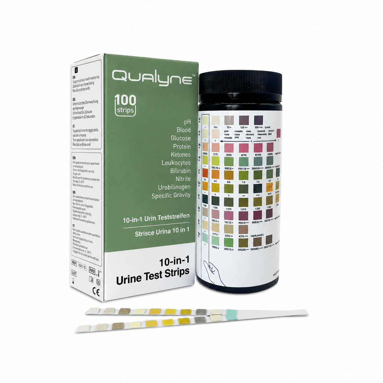 Real Qualyne 10-in-1 Urine Test Strips packaging, bottle and strips